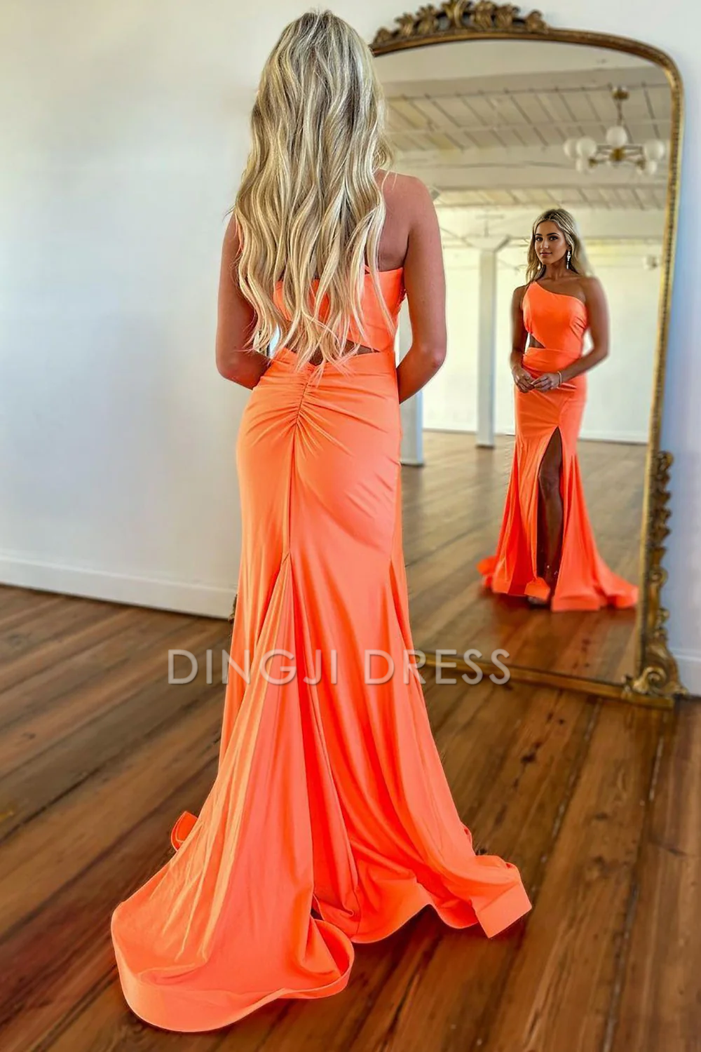 DingJiDress Simple One Shoulder Cutout Waist Mermaid Long With Split Elegant Prom Dress