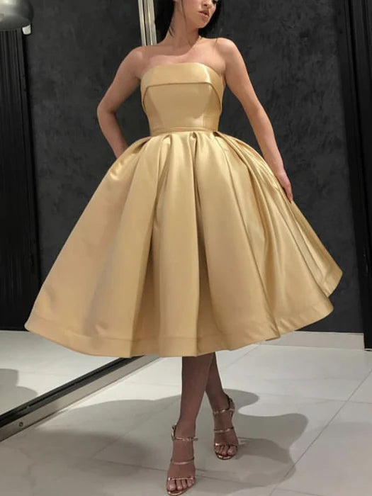 Strapless Tea Length Golden Prom Sleeveless Homecoming Cocktail Formal Dress