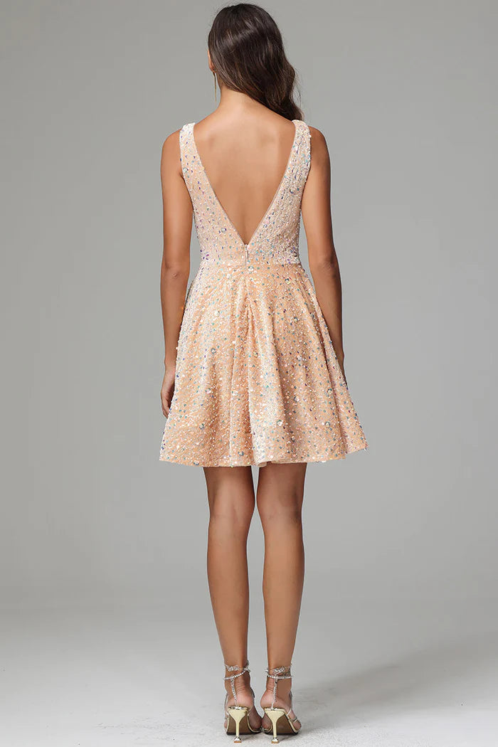 Champagne A Line V-neck Sequins Homecoming Dress