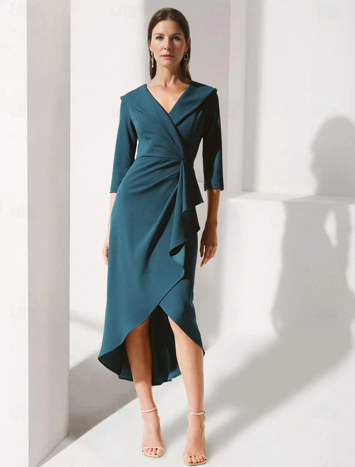 A-Line Dress Mother of the Bride Dress Tuxedo Dress Elegant V Neck Tea Length Stretch Fabric 3/4 Length Sleeve with Pick Up Skirt Ruched Solid Color