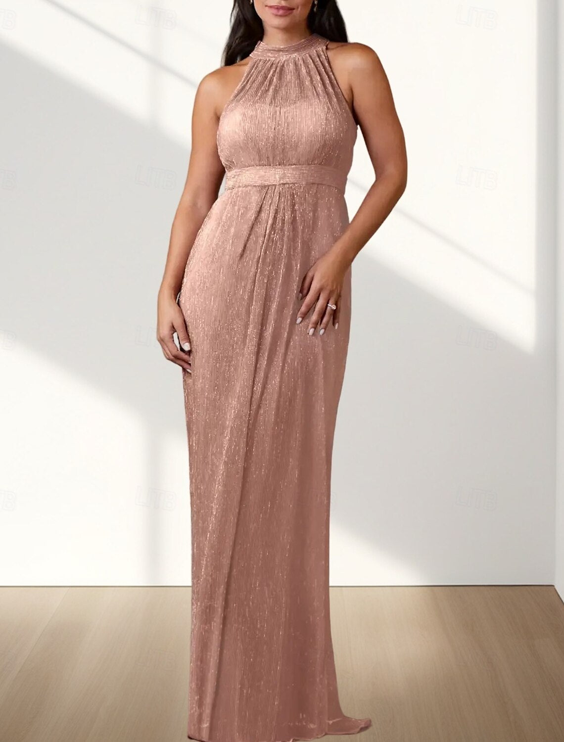 Mermaid / Trumpet Mother of the Bride Dress Wedding Guest Elegant Halter Neck Floor Length Chiffon Sleeveless with Pleats