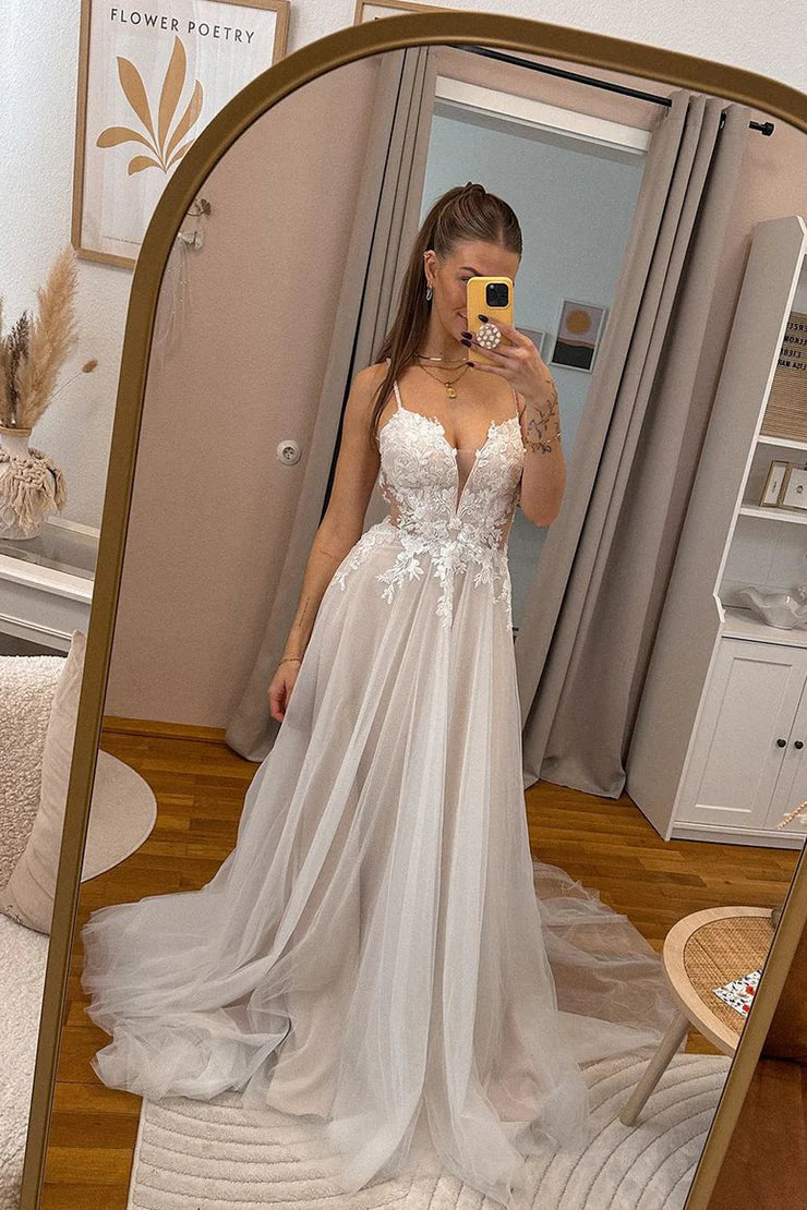 Fairy A Line V Neck Tulle Wedding Dresses