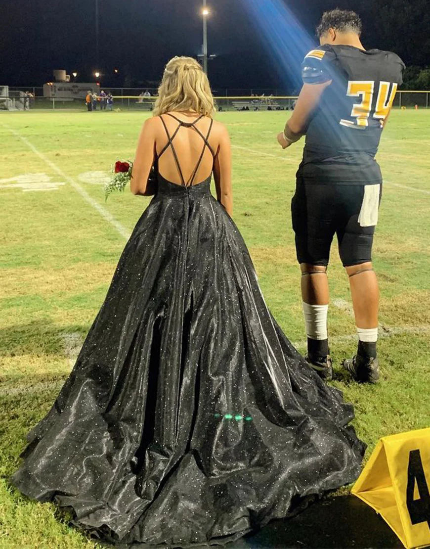 Sevy Glitter Black V Neck Spaghetti Straps Long Prom Dress