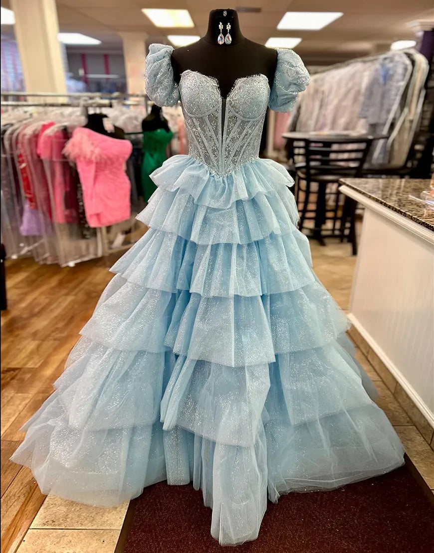 Blue long sequin A-line version off shoulder layered party dress