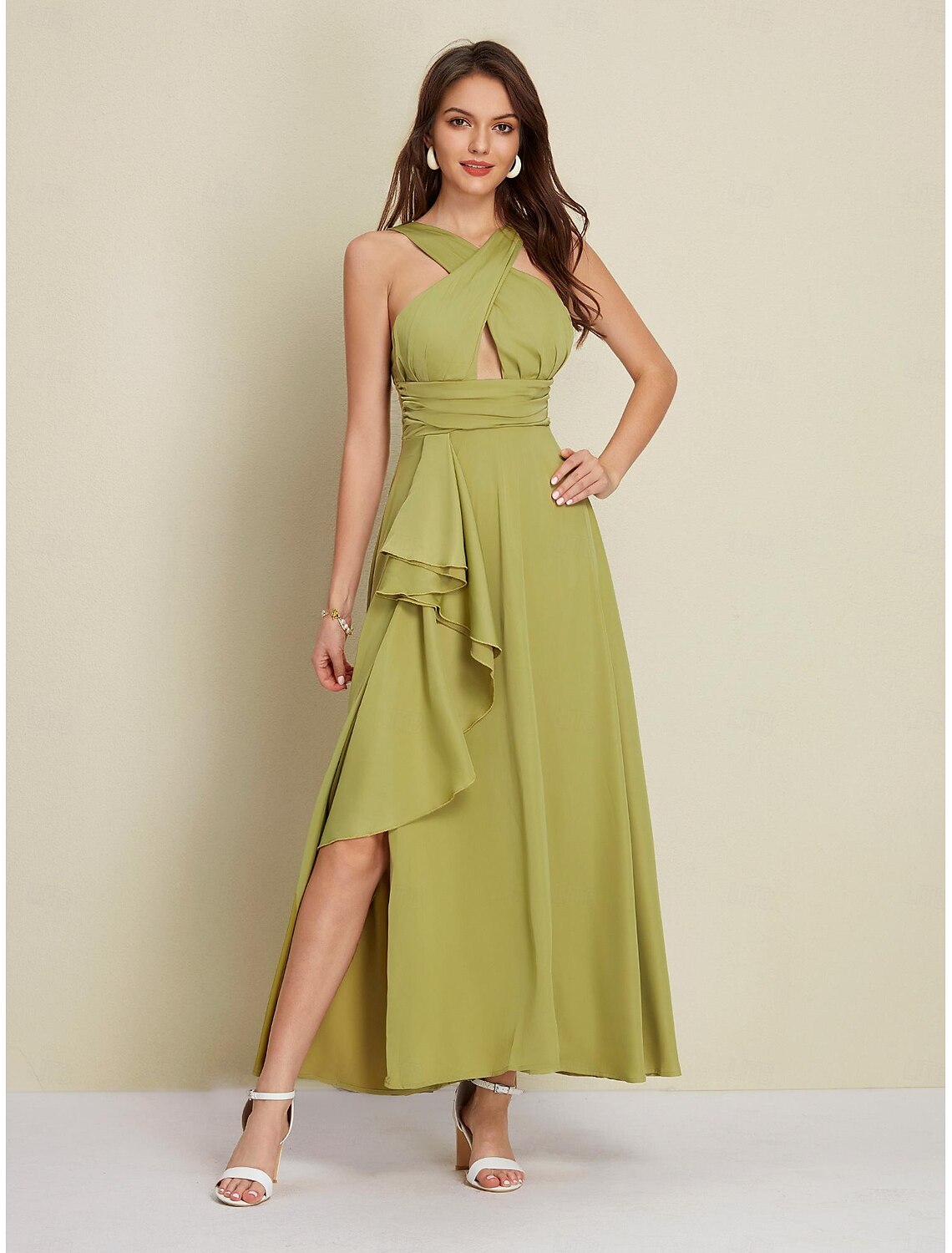 Women's Army Green Maxi Party/Wedding Guest /Cocktail Dress Satin Green Halter Neck Front Slit Cut-out Asymmetrical Ruffle dress to impress