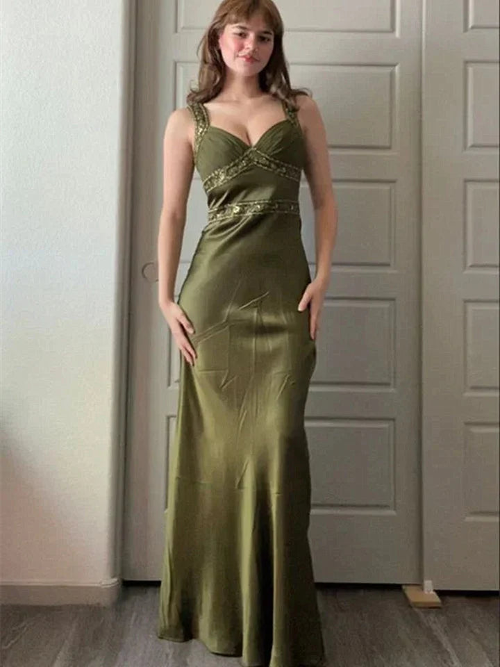 Green Straps Beaded Long Party Dress Green Satin Prom Dress Formal Dress