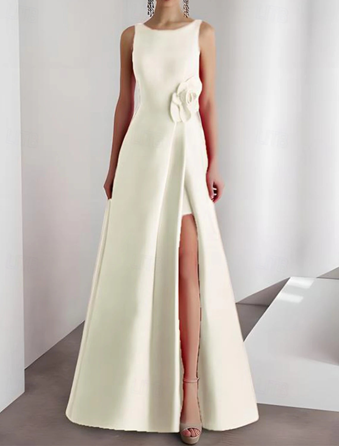 A-Line Evening Gown Elegant Dress Formal Wedding Floor Length Sleeveless Crew Neck Satin with Slit 3D Flower