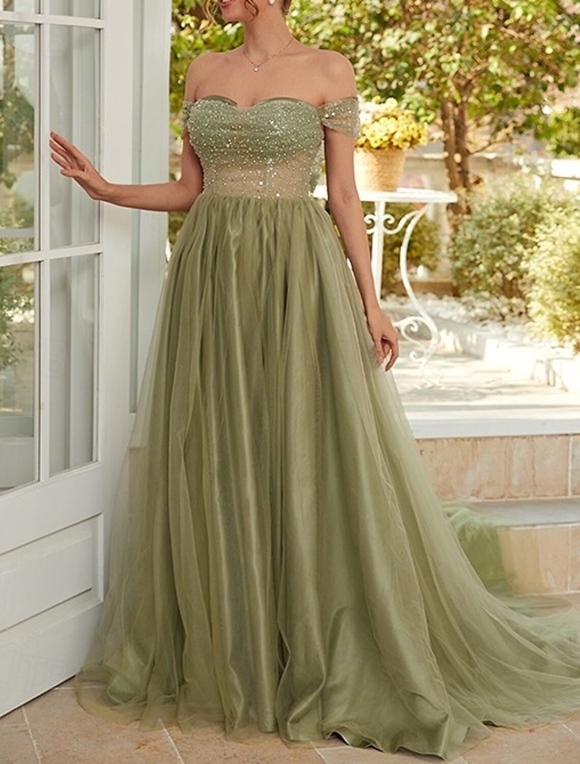 Ball Gown A-Line Wedding Guest Dresses Elegant Dress Prom Birthday Court Train Sleeveless Sweetheart Tulle Backless with Glitter Pearls Beading ﻿