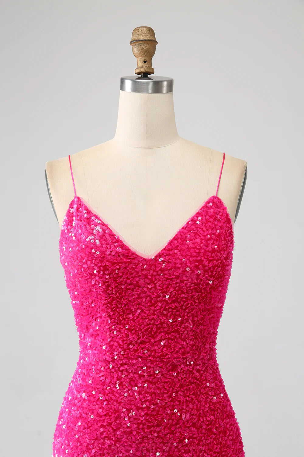 DingJiDress Fuchsia Mermaid Spaghetti Straps V-Neck Sequin Prom Dress With Split
