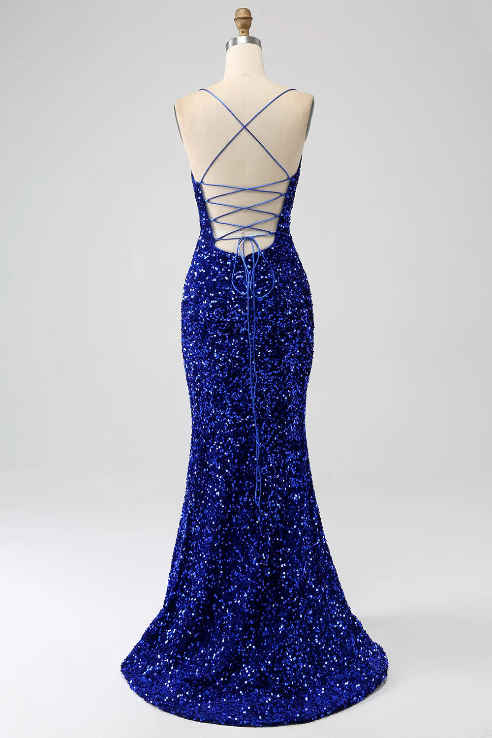 DingJiDress Fuchsia Mermaid Spaghetti Straps V-Neck Sequin Prom Dress With Split