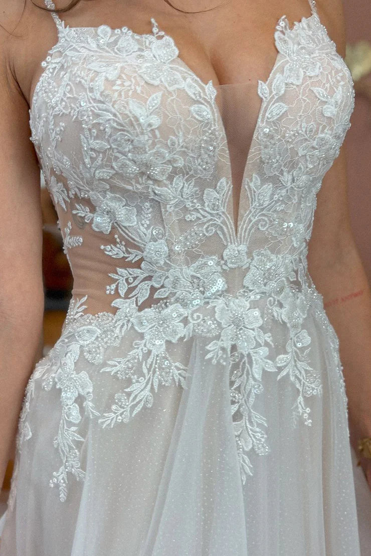 Fairy A Line V Neck Tulle Wedding Dresses