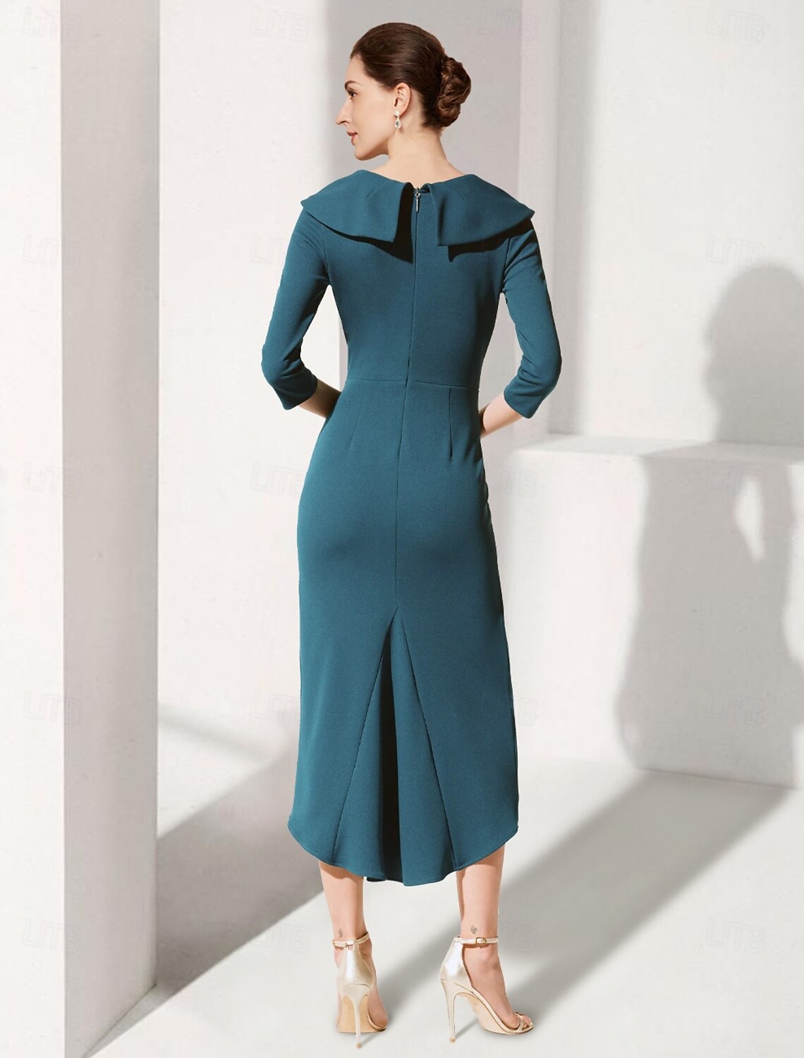 A-Line Dress Mother of the Bride Dress Tuxedo Dress Elegant V Neck Tea Length Stretch Fabric 3/4 Length Sleeve with Pick Up Skirt Ruched Solid Color