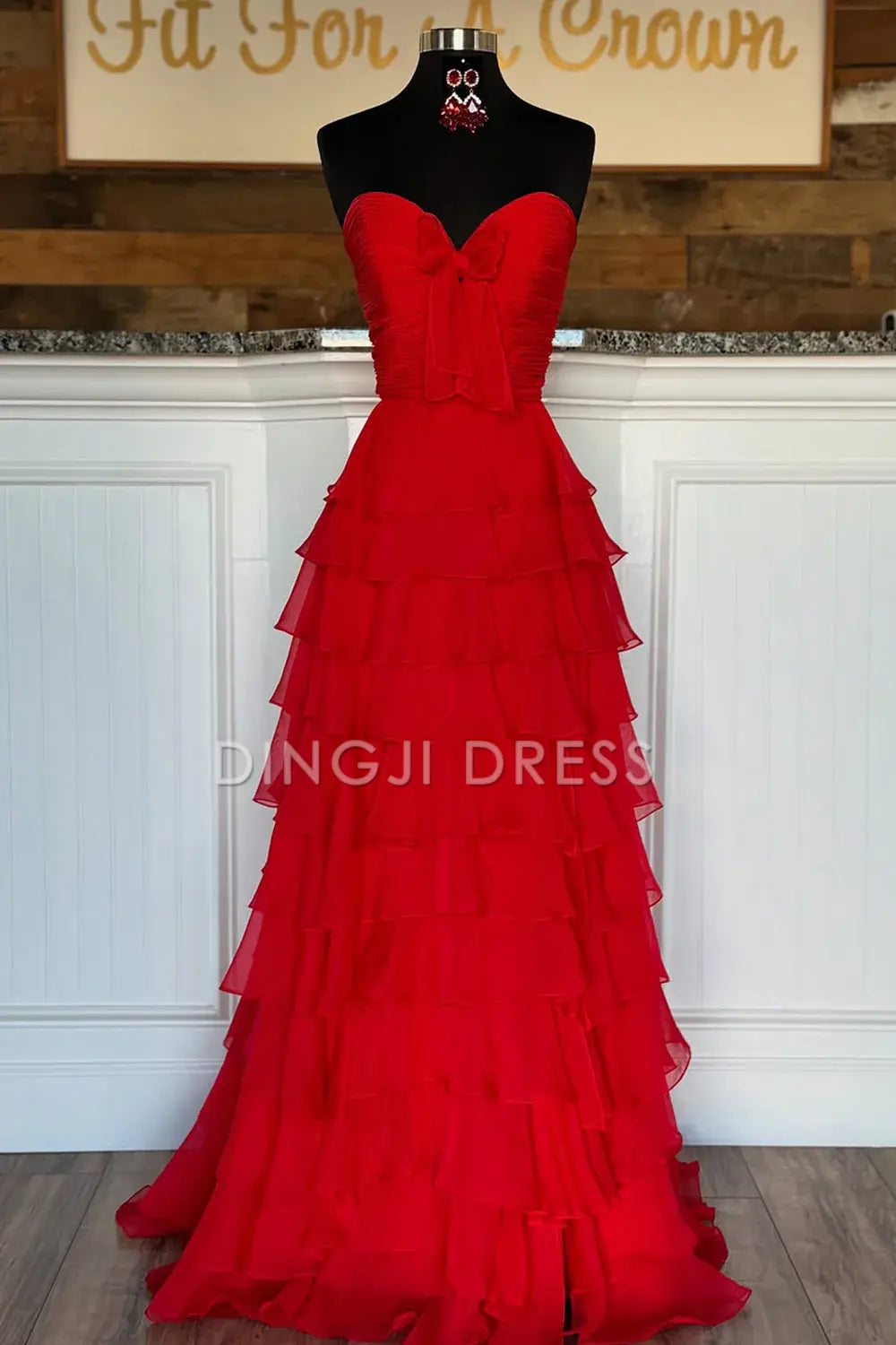 DingJiDress Cute A-Line Sweetheart Strapless Tiered Chiffon Side Fork Elegant Prom Dress