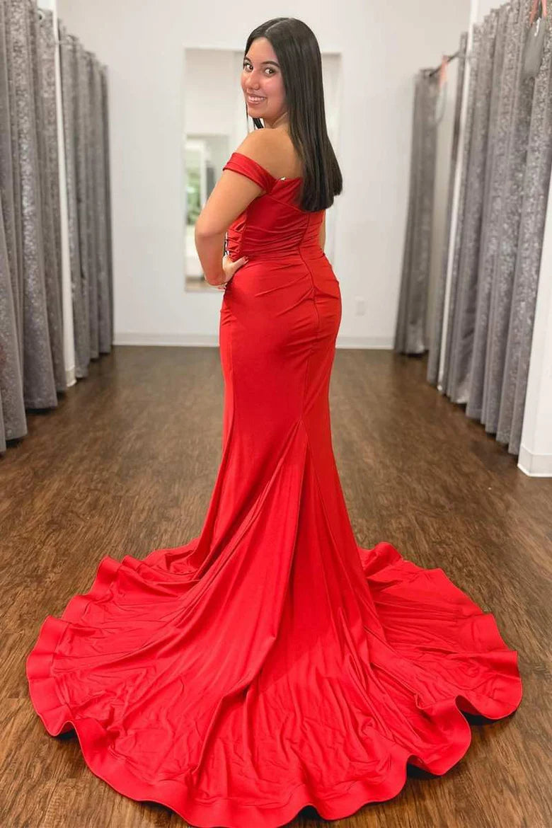 Red Satin Off-the-Shoulder Mermaid Maxi Dress ﻿
