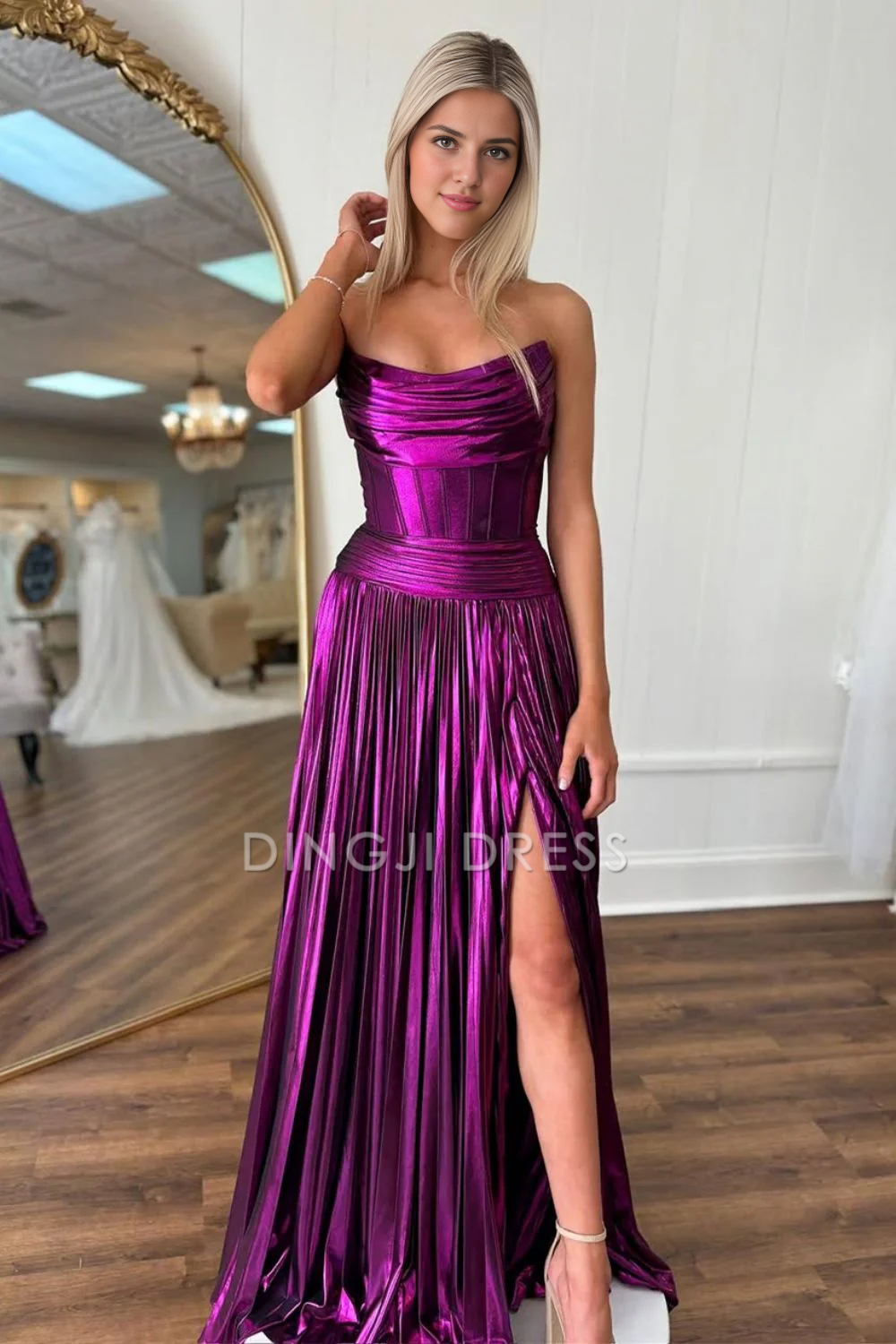 DingJiDress A-Line Strapless Long Pleated Metallic with Slit Fashion Prom Dress