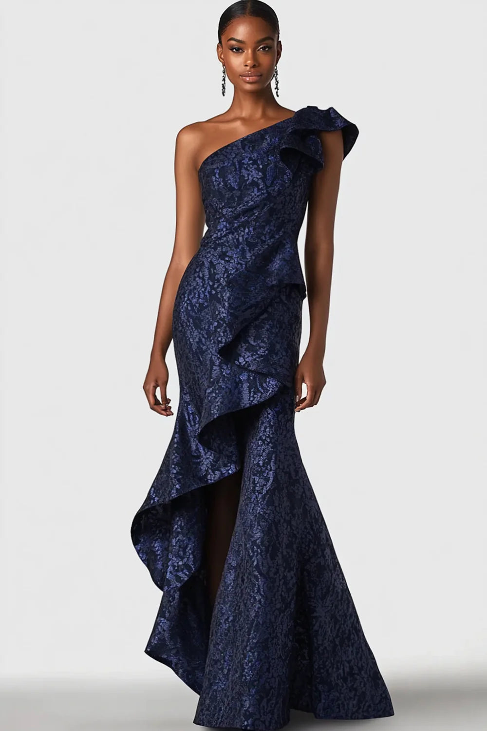 Navy Blue One Shoulder Mermaid Long Ruffle Ball Dress