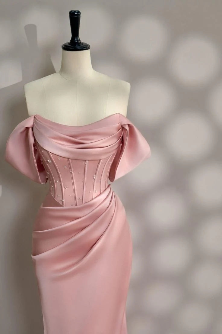 Minimally designed long pink satin off shoulder ball gown and evening gown