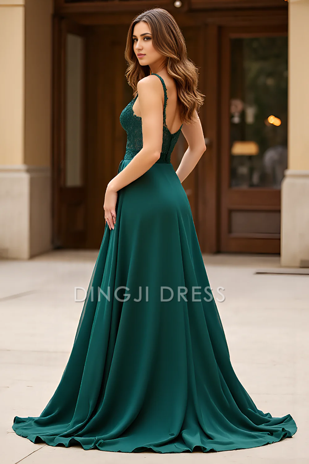 DingJiDress High Quality Dress Elegant Lace V-Neck Spaghetti Strap Long With Slit Prom Dress