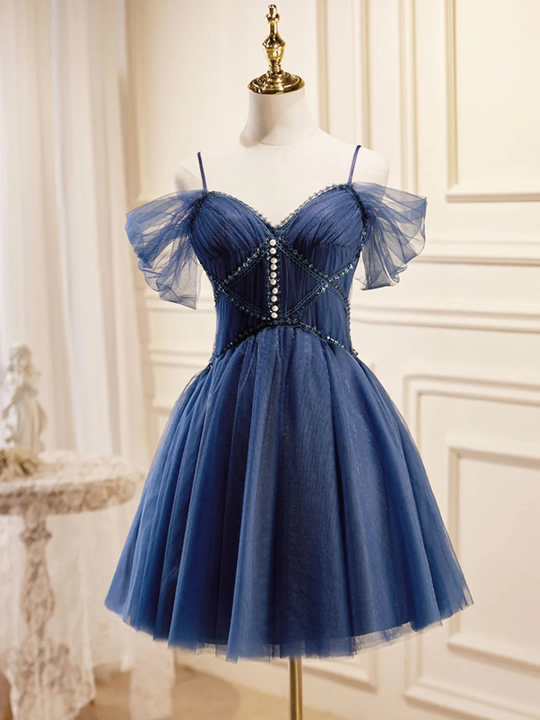 Dark Blue V Neck Tulle Short Prom Dress Blue Homecoming Dress