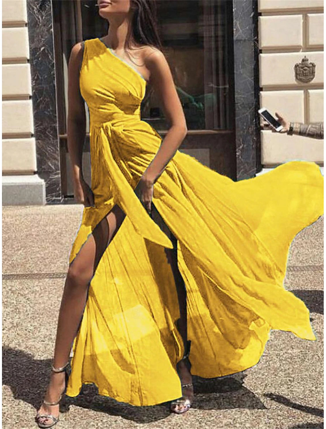 Women's Chiffon Dress Maxi Dress Split Wedding Party Elegant Sexy V Neck Sleeveless Yellow Red Purple Color