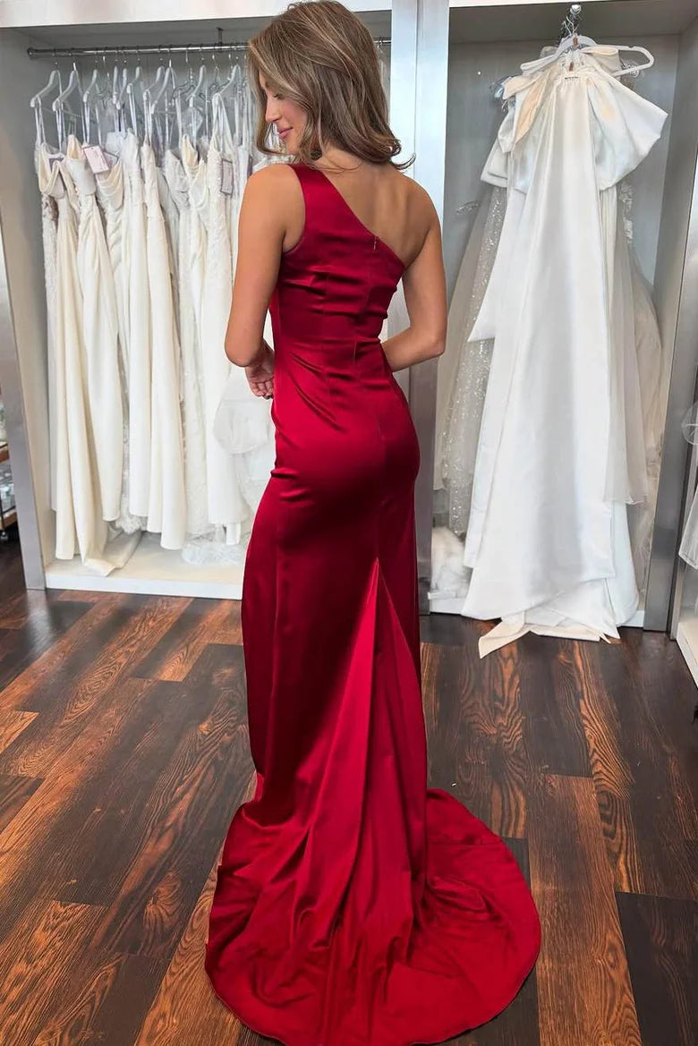 One Shoulder Burgundy Satin Pleated Mermaid Prom Dress with Slit