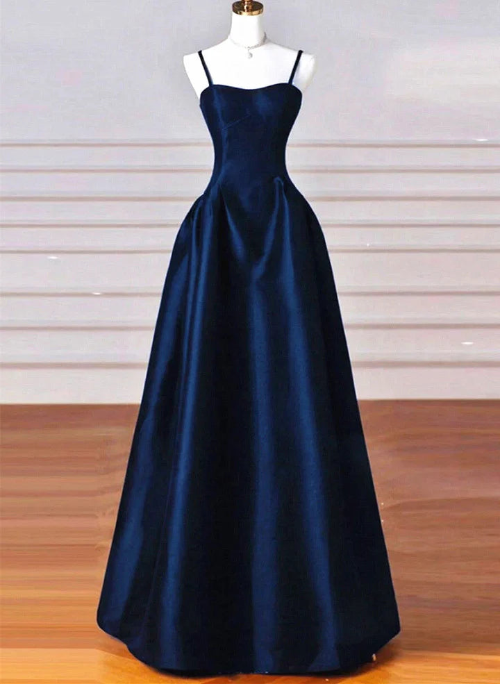 A-line Navy Blue Satin Straps Long Formal DressNavy Blue Prom Dress
