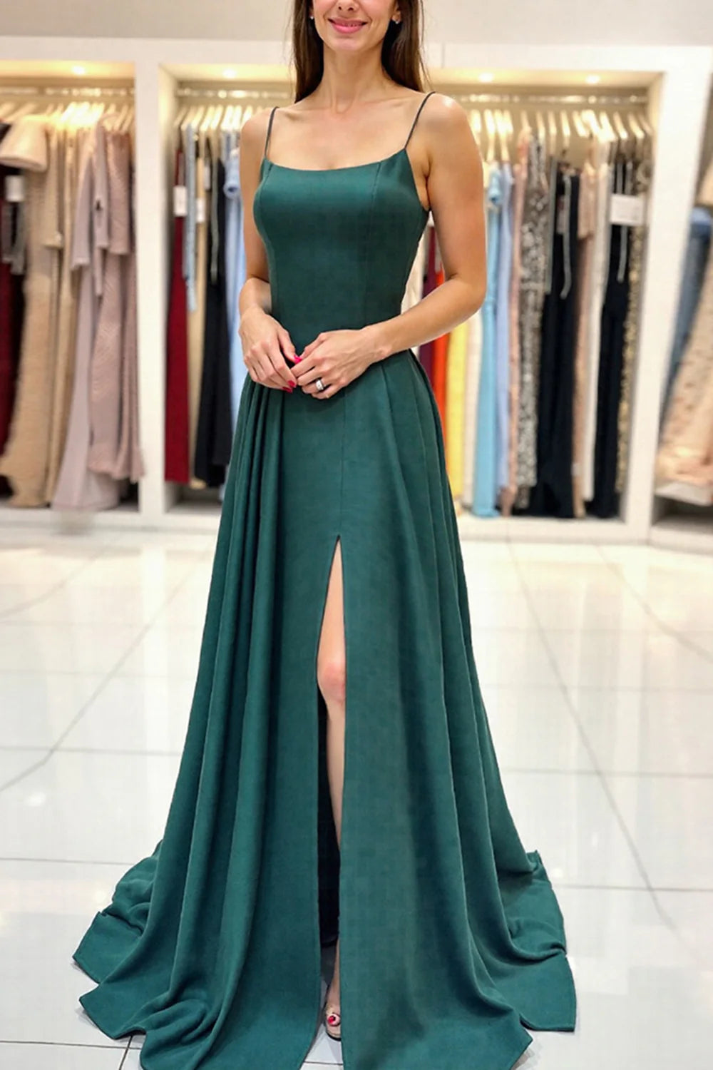 Green and minimalist A-line version long slim shoulder strap sling slit ball skirt