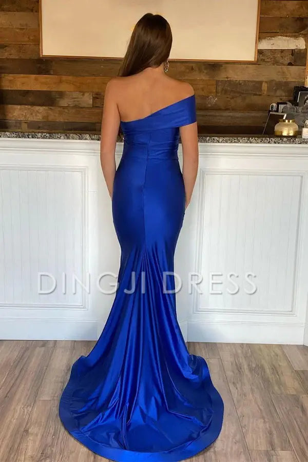 DingJiDress Mermaid One Shoulder Sleeveless Satin Side Fork Long Sweep Train Elegant Prom Dress