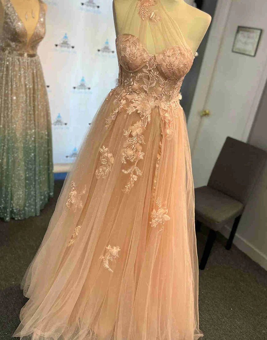 A-Line Prom Dresses Dress Formal Sleeveless One Shoulder Tulle Backless with Pleats Appliques