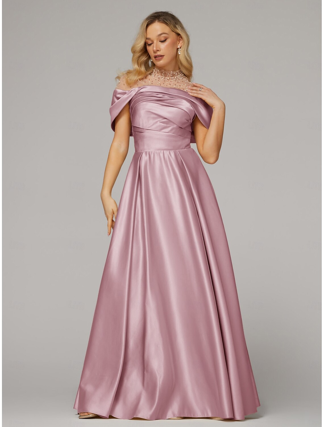 A-Line Evening Gown Elegant Dress Formal Floor Length Short Sleeve Illusion Neck Satin with Ruched Beading