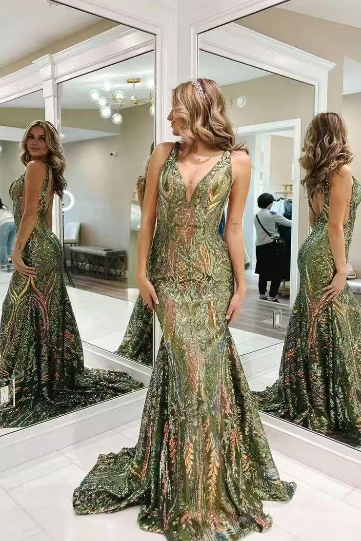 DingJiDress Charming Mermaid V Neck Backless Sequin Lace Long Sweep Train Prom Dress