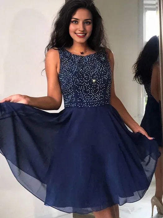 Cute A Line Round Neck Beaded Navy Blue Short Prom Homecoming Navy Blue Formal Graduation