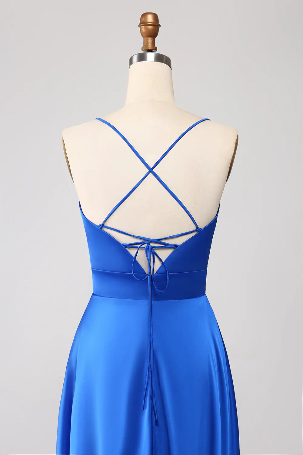 DingJiDress Royal Blue A Line Spaghetti Straps Satin Prom Dress with Slit