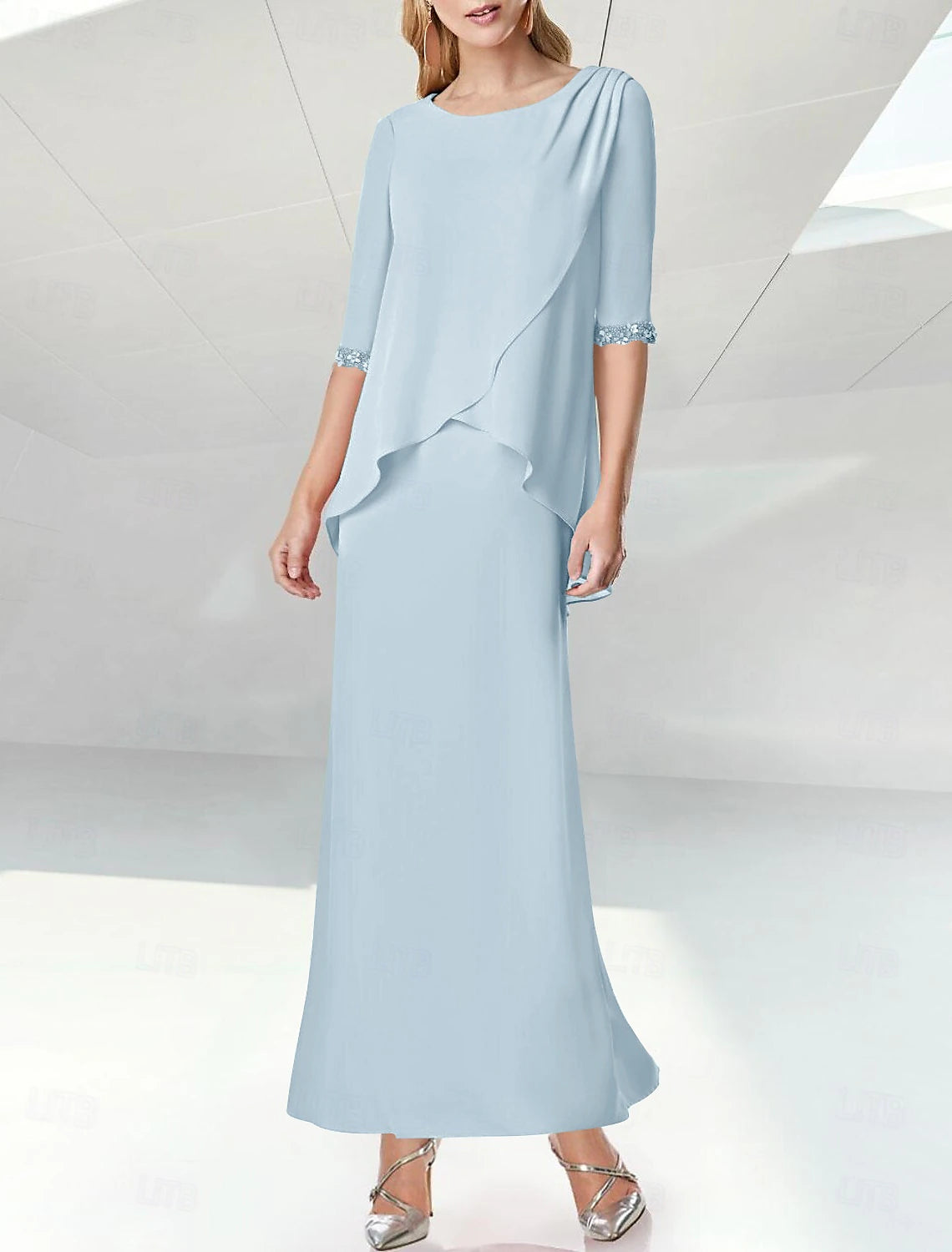 Beach Wedding Sheath Mother of the Bride Dress Elegant Jewel Neck Floor Length Chiffon Half Sleeve with Sequin Ruching