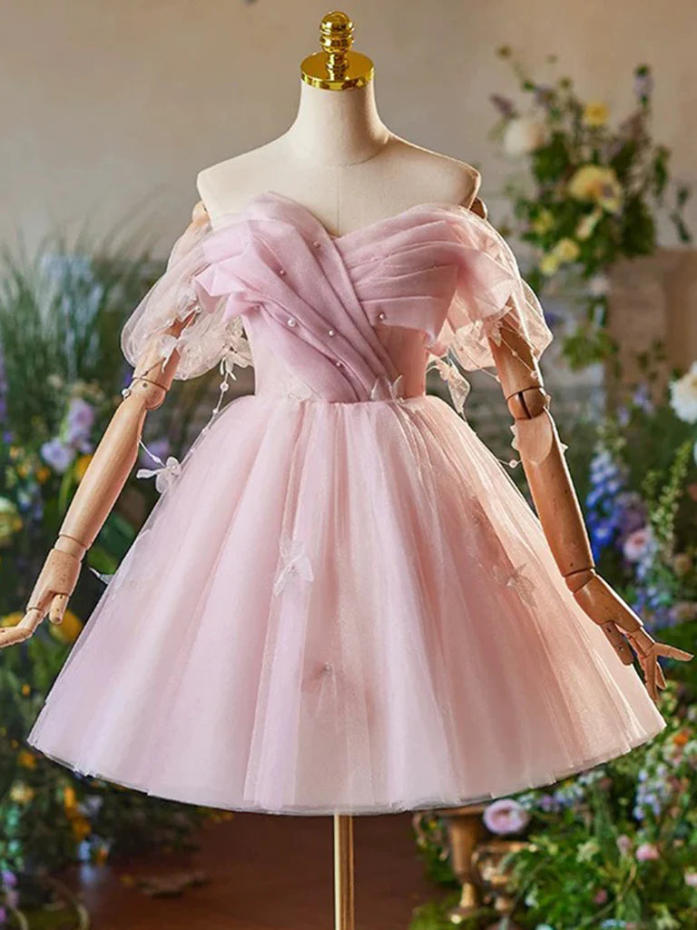 A-Line Off Shoulder Tulle Pink Short Prom Dress Pink Homecoming Dress