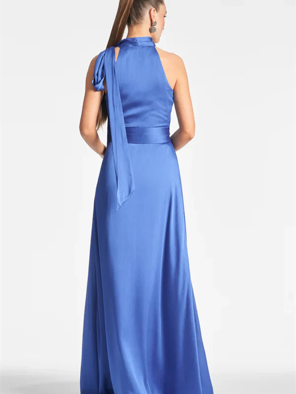 Blue long suspender hanging neck sleeveless floor length evening gown