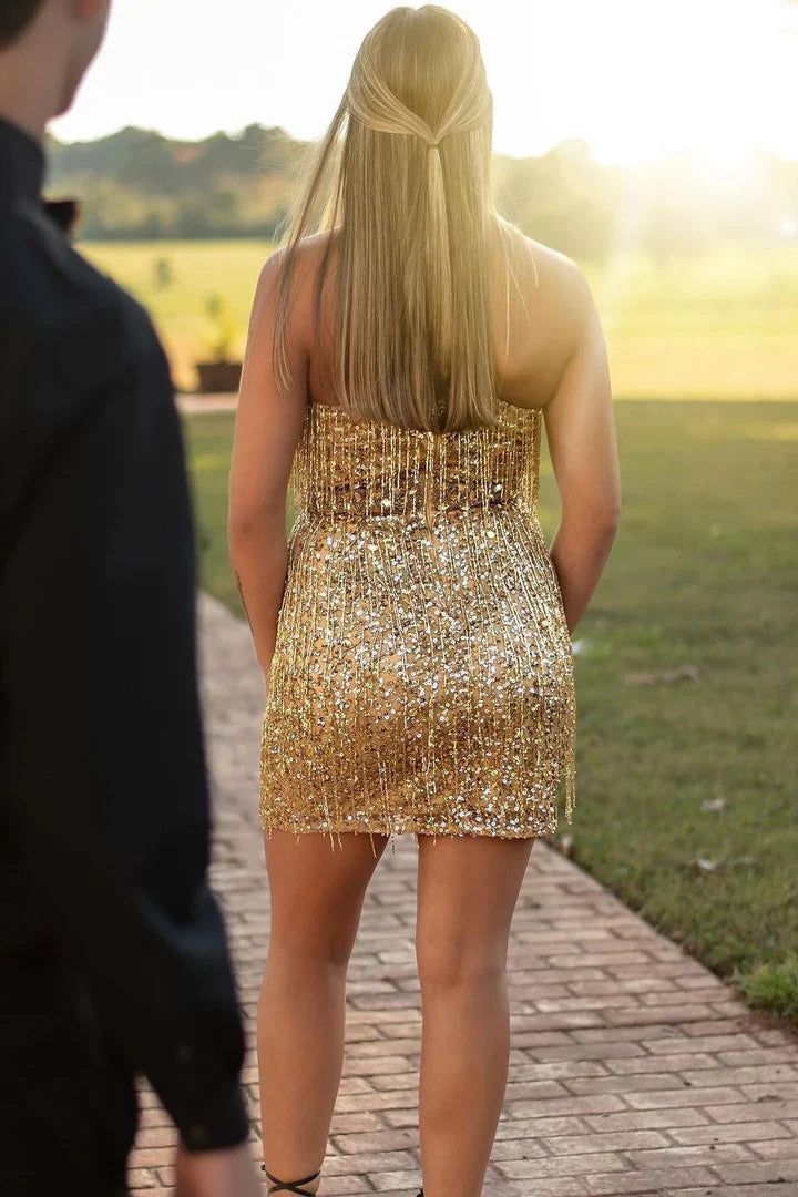 DingJiDress Short Homecoming Dress Gold Sequin Fringe Plunge V Bodycon Graduation Dresses