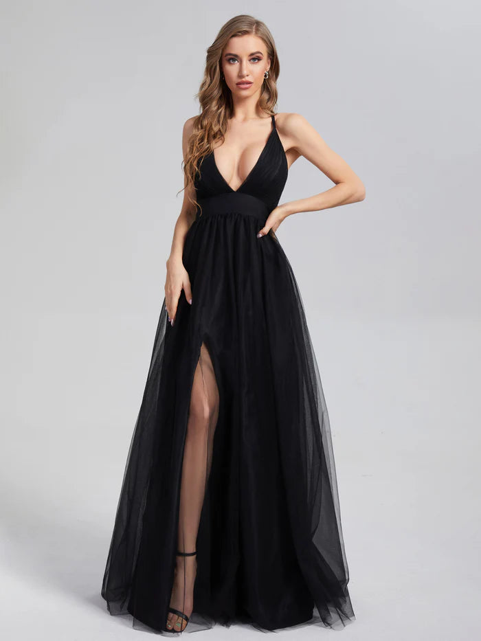 V-neck Split Tulle Prom Dresses