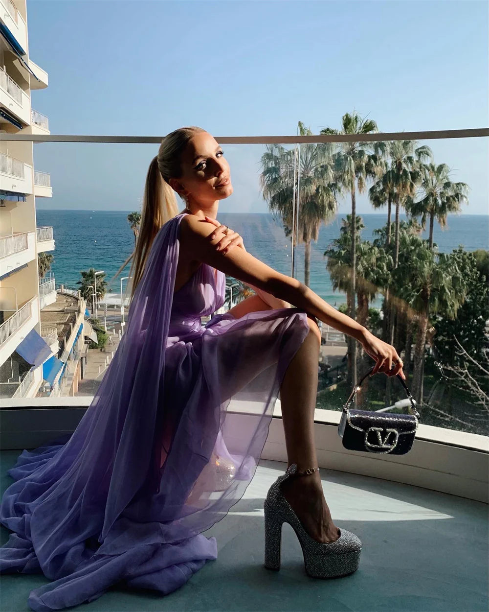 Simple V-neck purple long ball party gown