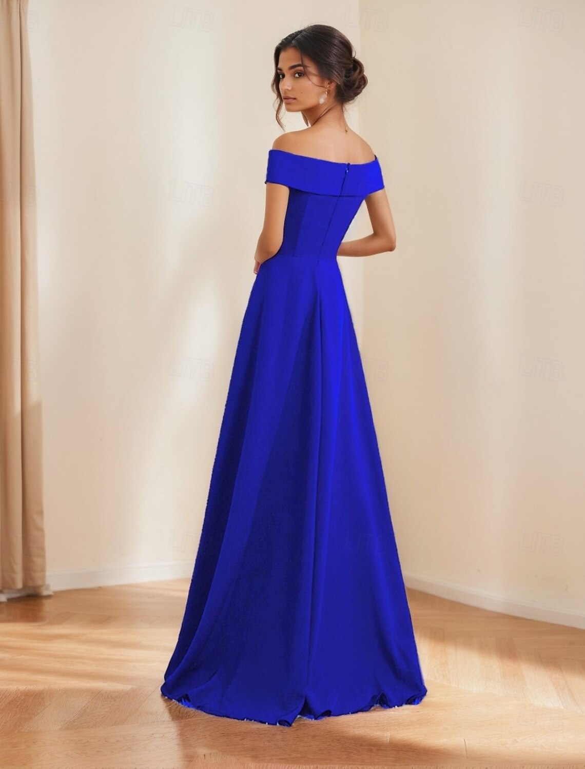 A-Line Evening Gown Elegant Dress Formal Wedding Floor Length 3/4 Length Sleeve Off Shoulder Sequined with Criss Cross
