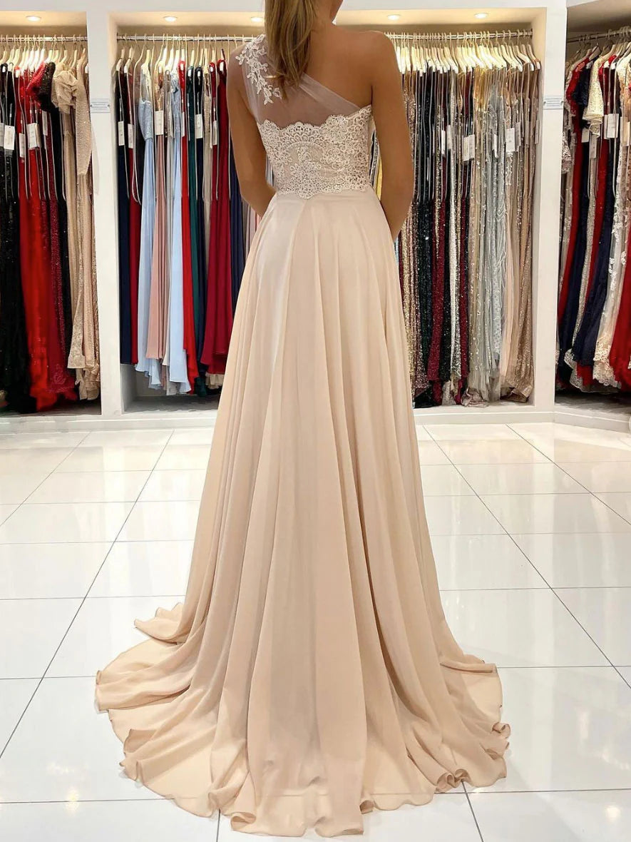 Champagne chiffon lace one shoulder long prom dress lace evening dress