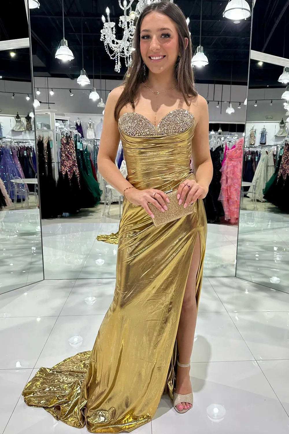 Golden long slit mermaid sweetheart metal bead party dress