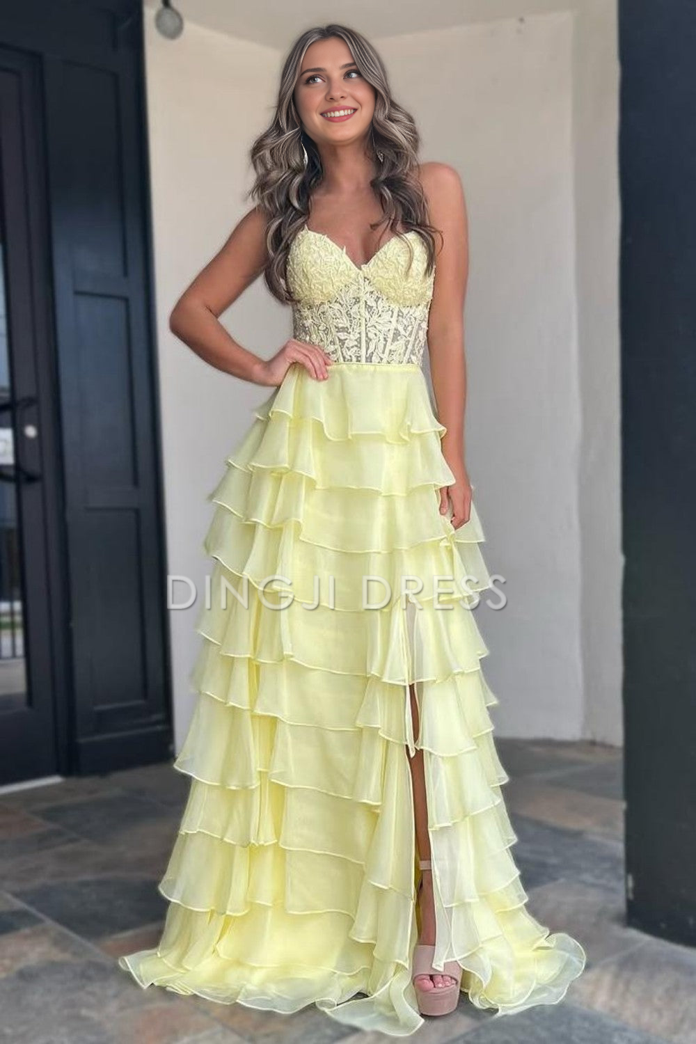 DingJiDress Elegant A-Line Sweetheart Lace And Chiffon layering With Slit Long Exquisite Prom Dress