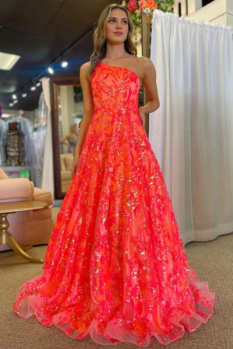DingJiDress Formal Dress Gorgeous A-Line One Shoulder Sequins Lace Party Sparkle Prom Dress