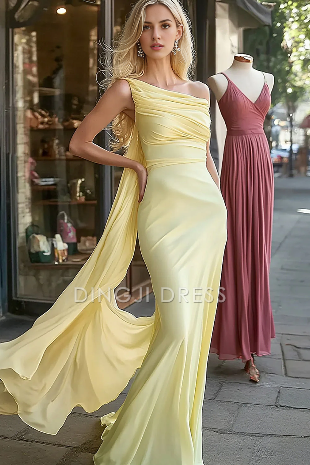 DingJiDress High Quality Dress Mermaid Chiffon One Shoulder Pleated With Sash Fashion Long Prom Dress