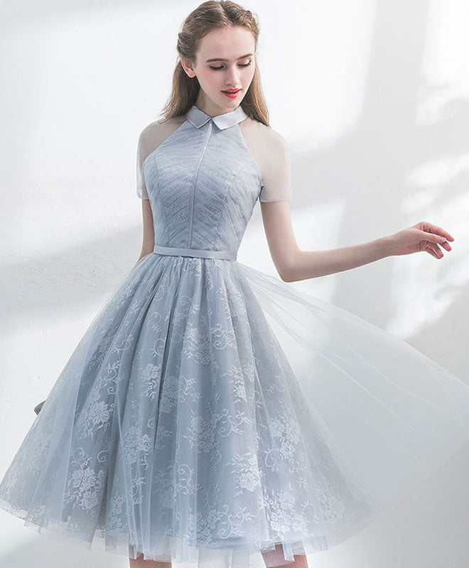 Unique Gray Tulle Lace Short Prom Dress Gray Homecoming Dress