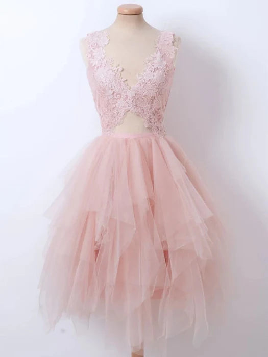 Fluffy V Neck Short Pink Lace Prom Pink Lace Formal Graduation Homecoming