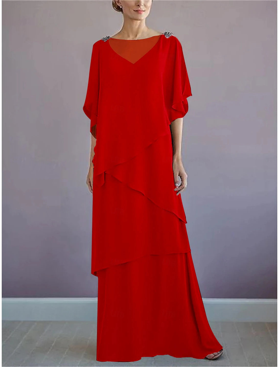 Beach Wedding A-Line Mother of the Bride Dress Formal Wedding Guest Elegant Bateau Neck Floor Length Chiffon Half Sleeve with Ruffles Draping Tier