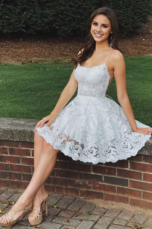DingJiDress Short Prom Dress A Line Spaghetti Straps Backless Lace Formal Homecoming Dress