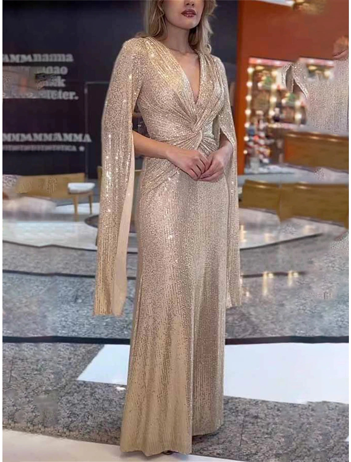 Women's Sequin Dress Prom Dress Party Dress Sequins Glitter V Neck Long Sleeve Winter Dress Champagne Red Fall Winter